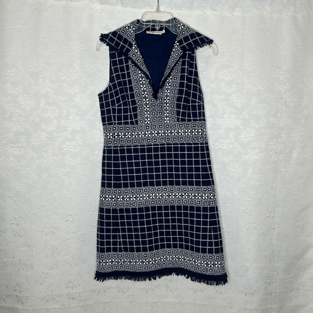 TORY BURCH Fringe Embroidered Sleeveless V-Neck Tweed Dress Size 6